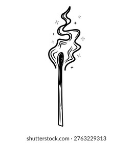 clean and artistic black and white vector illustration of a single burning matchstick