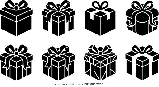 A clean assortment of black silhouette gift box icons, each with a minimalist ribbon design, ideal for versatile celebratory visuals.