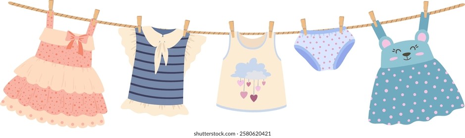 Clean baby clothes hanging on a clothesline, drying in the warm sunlight. The collection features dresses, a shirt, a tank top, and adorable panties, creating a charming scene