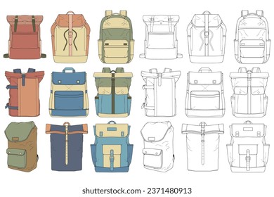 Clean backpack variations outline and color vector illustration set designed for ecommerce product catalogs, travel and outdoor gear listings, and editable design templates. Isolated backpack icons suitable for online stores, retail branding, UI systems, and commercial use.