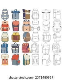 Clean backpack variations outline and color vector illustration set designed for ecommerce product catalogs, travel and outdoor gear listings, and editable design templates. Isolated backpack icons suitable for online stores, retail branding, UI systems, and commercial use.