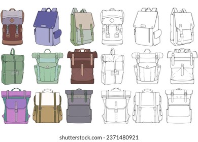 Conjunto de vectores de color dibujado a mano de mochilas. Caricatura Mochila Casual, mochila fresca colorida. Ilustración vectorial de mochilas. 

