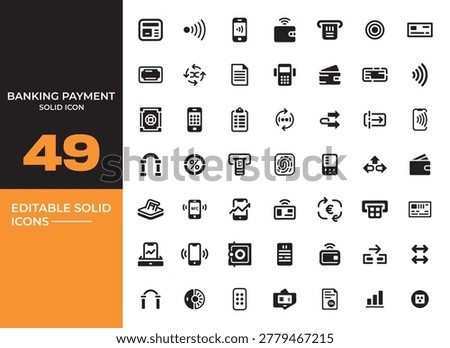 Clean banking payment solid icons pack illustrating digital transactions finance services secure payments and modern banking workflow concepts efficiently