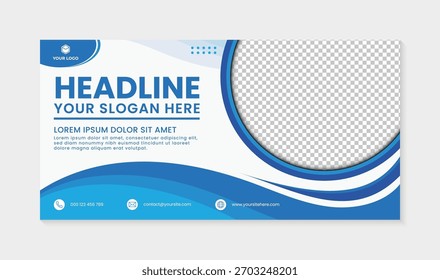 Clean banner template with blue wave design, creative business card design template