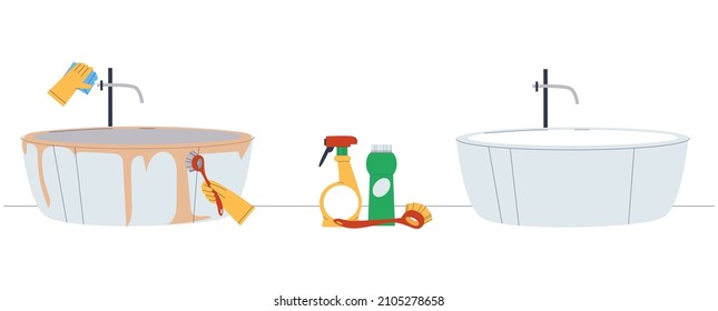 Limpie la sala de baño después de la limpieza y desinfección. Concepto antes de después. Guantes de goma, cepillos y productos químicos domésticos. Ilustración vectorial plana.