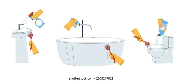 Clean bathroom after cleaning and disinfection. Rubber gloves and brushes. Flat vector illustration.