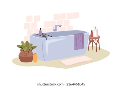 Clean bathroom with bathtub and accessories in flat cartoon style. Vector illustration of modern bath interior, plant in pot, towel and carpet on floor. Washing and cleaning shampoos, faucet