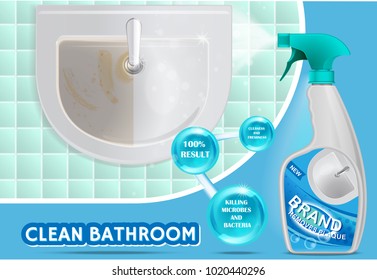 Clean bathroom concept vector 3d illustration. Realistic plastic spray bottle with detergent design. Liquid cleaning product, bathroom cleaner brand ad.