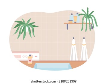 Cuarto de baño limpio con plantas domésticas, ilustración aislada vectorial 2D. Diseño doméstico. La decoración de las habitaciones. Interior plano en casa sobre fondo de caricatura. Colorida escena editable para móvil, sitio web, presentación