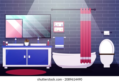 Sauberes Badezimmer Innendesign Kleiderschrank Badewanne Möbel Flache Illustration