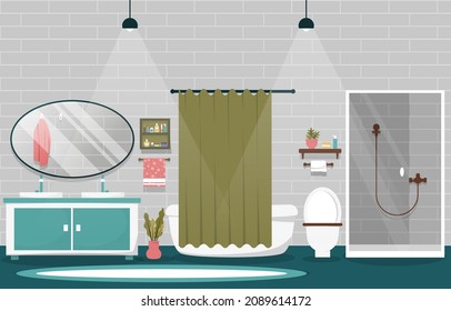 Clean Bathroom Interior Design Mirror Bathtub Furniture Flat Illustration