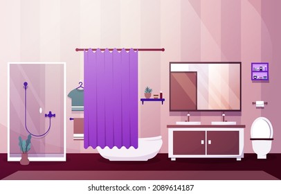 Clean Bathroom Interior Design Mirror Shower Furniture Flat Illustration