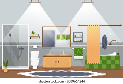 Clean Bathroom Interior Design Mirror Shower Furniture Flat Illustration