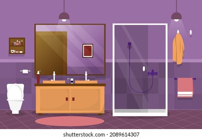 Clean Bathroom Interior Design Mirror Shower Furniture Flat Illustration