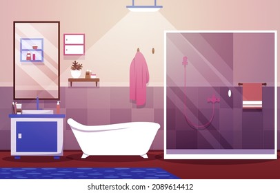 Clean Bathroom Interior Design Mirror Shower Furniture Flat Illustration