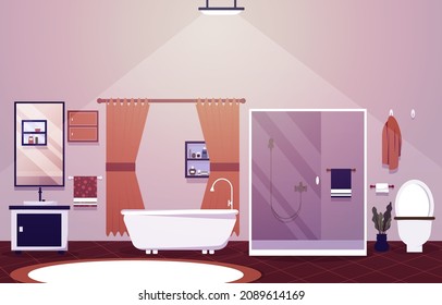 Clean Bathroom Interior Design Shower Bathtub Furniture Flat Illustration