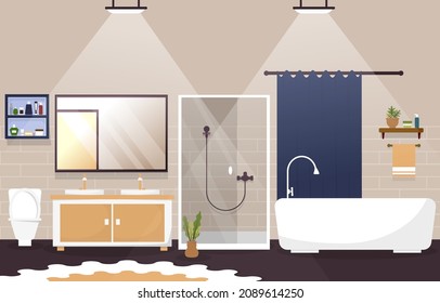 Baño limpio Interior Diseño Ducha Bañera Mobiliario Ilustración plana
