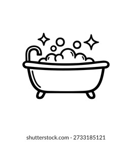 Clean bathtub with foam bubbles and sparkle icons black and white vector illustration for cleaning service and hygiene concepts