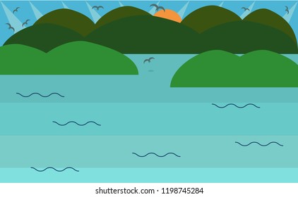 clean beach, tropical sea, bright sun, many mountains, birds. Summer holiday or travel concept. Flat design 