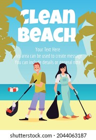 Banner publicitario de evento de voluntarios de playa limpia, ilustración vectorial plana. Cartel, pancarta o tarjeta para jóvenes que salvan actividades de voluntariado ecológico.