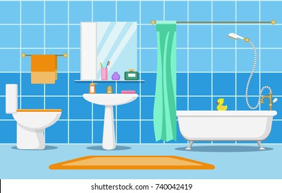 Clean beautiful bathroom interior with shower, bathand and bathroom furniture vector illustration