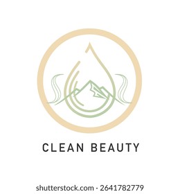 Clean beauty logo with a water drop encompassing mountains and flowing lines, symbolizing pure, natural, and eco-friendly products.