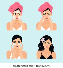 Clean beauty routine. Cartoon young romantic lady uses cleansing cosmetic, vector illustration of spa elements for makeup and treatment skin isolated on white background