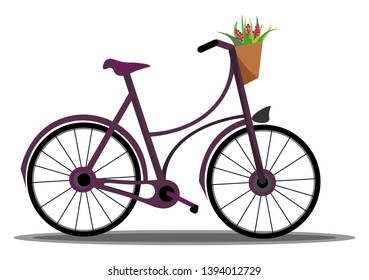 A clean bicycle with a basket in it which is filled full of flowers vector color drawing or illustration