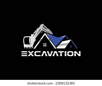 Clean Black Blue House With Excavator Business Logo Design Template