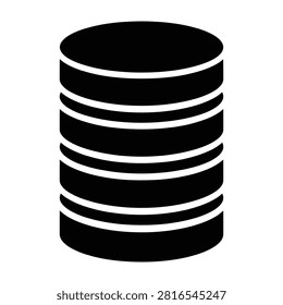 A clean black database server icon on a white background, representing data storage, cloud computing, information systems, and digital technology infrastructure.