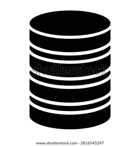 A clean black database server icon on a white background, representing data storage, cloud computing, information systems, and digital technology infrastructure.