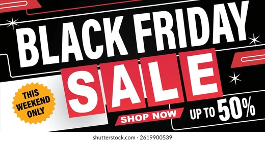 Clean Black Friday sale banner design with bold text and discount label. Ideal for marketing campaigns, promotions, and online advertisements.