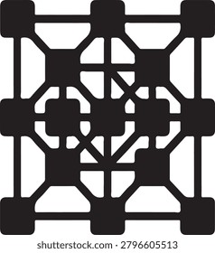 A clean black geometric symbol featuring a grid of interconnected dots and lines, representing connectivity, networking, technology, and structure.