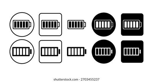 Clean black icon bundle of full battery symbols representing power, energy, and device charging visuals.