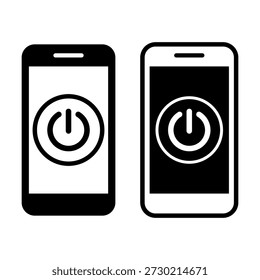 Ícone preto limpo com smartphone com símbolo de botão de energia, perfeito para controle de dispositivo, interface do sistema e elementos modernos.