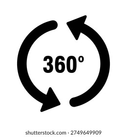 A clean, black icon representing 360-degree rotation or full view. Features circular arrows and the text '360°', ideal for indicating interactive viewing options.
