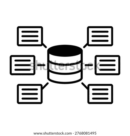 A clean black icon representing database management and information storage. The central server icon is linked to multiple document files, perfect for concepts regarding data analysis and systems.