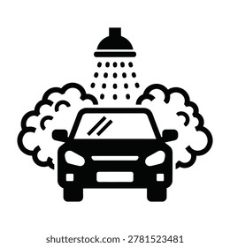A clean black icon representing a professional car wash service. The design features a vehicle under a shower head with soap bubbles, perfect for automotive signage.