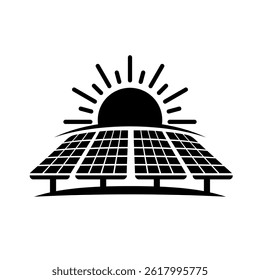 Clean black icon showing tilted solar panels under a glowing stylized sunrise