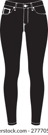 Clean black jeans featuring white contrast stitching and belt loops, shown from the front for a sleek, modern look.