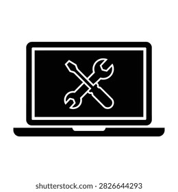 A clean black laptop icon featuring a crossed screwdriver and wrench, representing professional technical support, computer maintenance, and digital repair service.