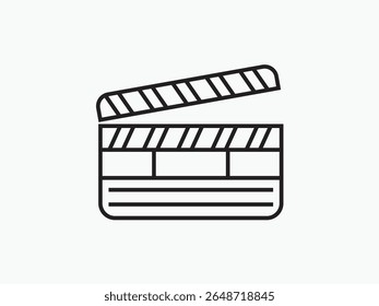 Limpar ícone de clapperboard linha preta em estilo plano. Perfeito para filmes, produção de vídeo, cinema, interfaces de aplicativos de filmes e designs de criação de conteúdo multimídia.
