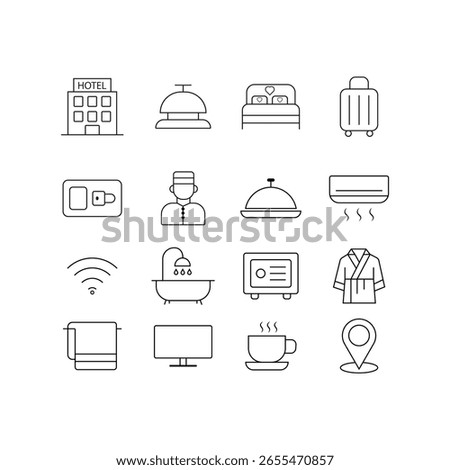 A clean black line icon set illustrating various hotel services and amenities such as reception bell, bed, luggage, air conditioning, food tray, safe, bath, TV, coffee, bathrobe, and more on white bac