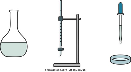 Iconos de ciencia de línea negra limpia que muestran un frasco Erlenmeyer con un soporte de anillo con una pinza, una pipeta y una placa de Petri.