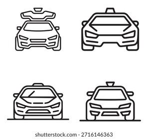 Reinigen Sie Vektorsymbole mit schwarzer Linie, die selbstfahrende Autoschnittstellen und autonome Steuerungsfunktionen veranschaulichen.