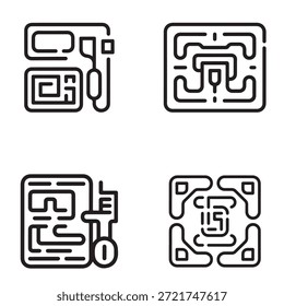 Iconos de vectores de línea negra limpia que ilustran la investigación cibernética y los flujos de trabajo forenses digitales.