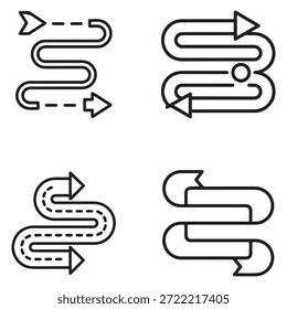 Iconos vectoriales de líneas negras limpias que ilustran hojas de ruta estratégicas, hitos y planificación empresarial a largo plazo.