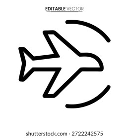 A clean, black outline of an airplane with a surrounding circular path, suggesting flight.