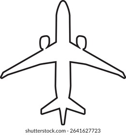 A clean black outline of a commercial airplane viewed from above, featuring engines, wings, and tail fins. This minimalist vector icon is ideal for travel apps, aviation logos, airport signage, naviga