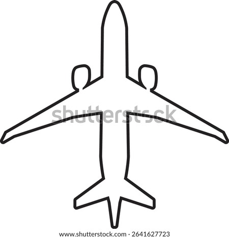A clean black outline of a commercial airplane viewed from above, featuring engines, wings, and tail fins. This minimalist vector icon is ideal for travel apps, aviation logos, airport signage, naviga